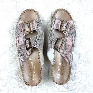 La Plume Leather Silver Metallic Shimmer Sandals